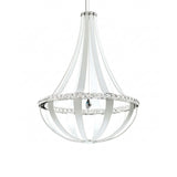 The Tessaro K9 LED Crystal & Leather Medium Chandelier in White features a modern teardrop shape with curved silver bands, clear crystals, and sleek leather accents, suspended by a thin cord against a white background.