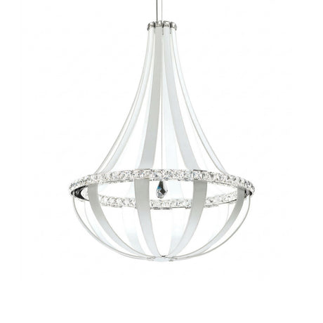The Tessaro K9 LED Crystal & Leather Medium Chandelier in White features a modern teardrop shape with curved silver bands, clear crystals, and sleek leather accents, suspended by a thin cord against a white background.