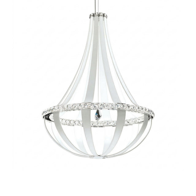 The Tessaro K9 LED Crystal & Leather Medium Chandelier in White features a modern teardrop shape with curved silver bands, clear crystals, and sleek leather accents, suspended by a thin cord against a white background.
