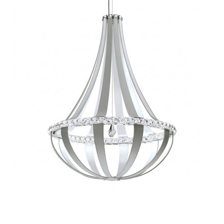 The Tessaro LED K9 Crystal & Leather Medium Chandelier - Grey showcases a modern teardrop frame with gleaming crystals and subtle leather accents, creating a stunning suspended centerpiece for any contemporary space.
