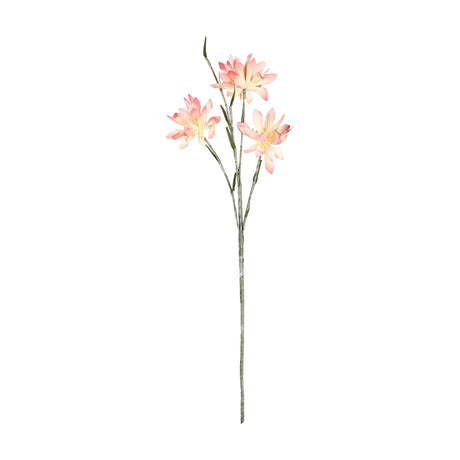 Mehakit artificial blossom spray with a single stem bearing three layered flower heads in cream and pink, textured green stem, shown against a plain white background.