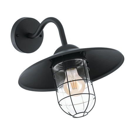 Melgoa Outdoor Wall Light in black, featuring a curved gooseneck arm, wide hood, and clear glass diffuser wrapped in a wire cage with visible bulb, shown on a plain white background.