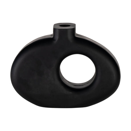 Melobody Mango Wood Wooden Vase in matt black, flat oval body with an off-centre round cut-out and short neck, shown on a plain white background.