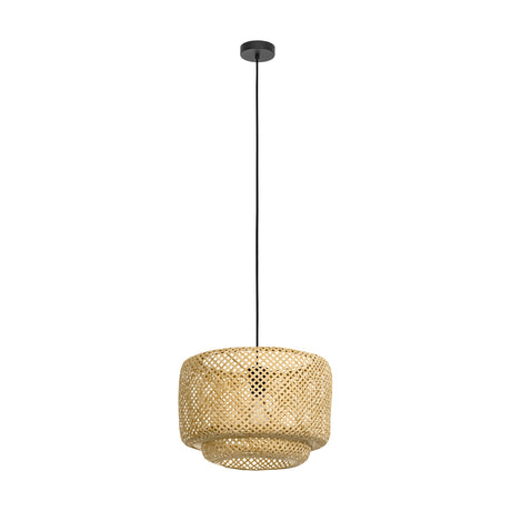 Menanne Wooden Pendant Light with a two-tier woven natural wood drum shade, black ceiling rose and flex, shown on a plain white background.
