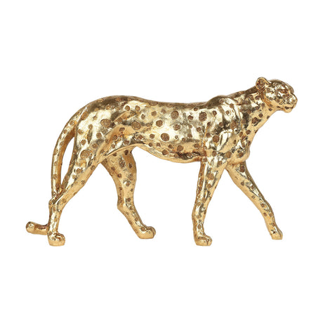 Menjangau Leopard Ornament 17cm in gold, a textured resin figurine of a leopard mid-stride with recessed spot detailing, alert head and curved tail, shown on a plain white background.
