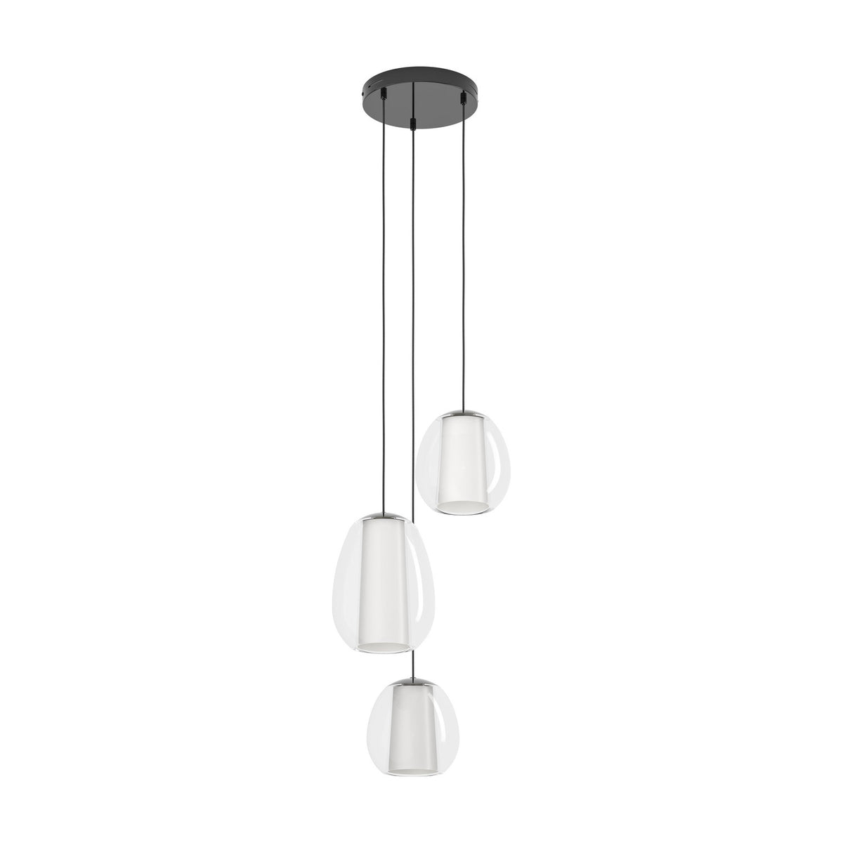 Menorca Glass 3 Light Pendant in black nickel, three egg-shaped clear glass shades with white satin diffusers hung at staggered heights from a round canopy, shown on a plain white background.