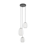 Menorca Glass 3 Light Pendant in black nickel, three egg-shaped clear glass shades with white satin diffusers hung at staggered heights from a round canopy, shown on a plain white background.