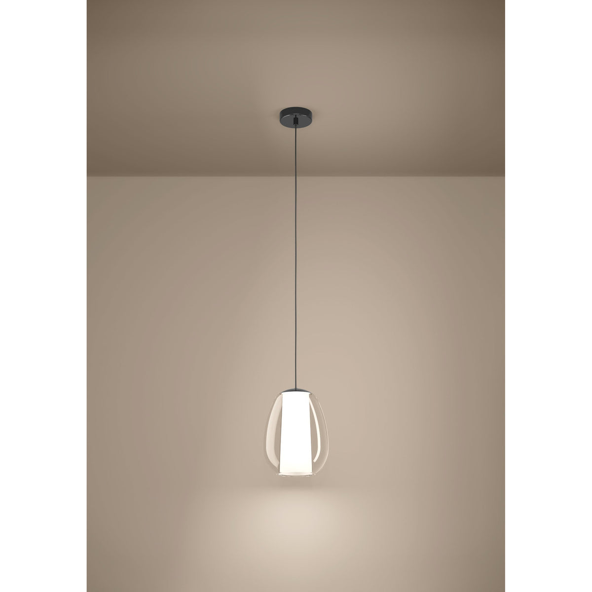 Black nickel Menorca pendant light with egg-shaped clear glass shade and white satin inner diffuser, hung from a round ceiling canopy on a fine cord.