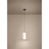 Black nickel Menorca pendant light with egg-shaped clear glass shade and white satin inner diffuser, hung from a round ceiling canopy on a fine cord.