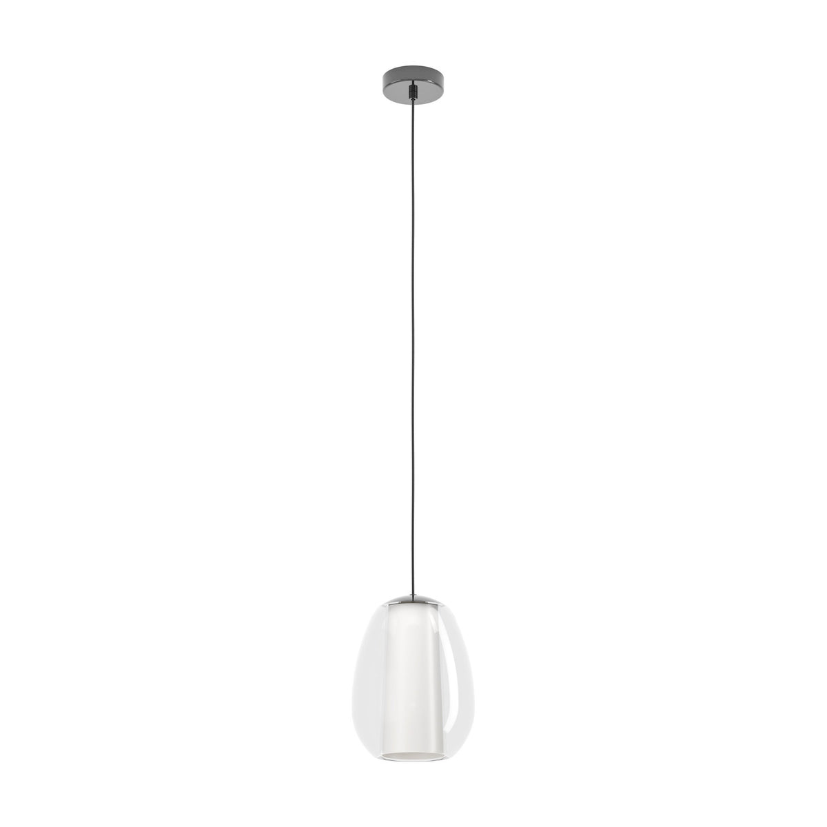 Menorca Glass Pendant Light in black nickel with an egg-shaped clear glass shade over a white satin inner diffuser, hung from a round ceiling canopy on a fine cord.