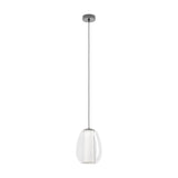 Menorca Glass Pendant Light in black nickel with an egg-shaped clear glass shade over a white satin inner diffuser, hung from a round ceiling canopy on a fine cord.