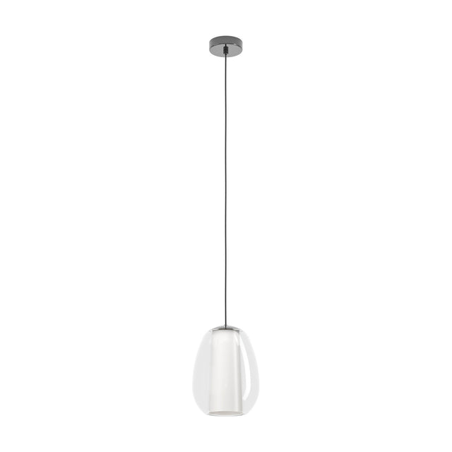 Menorca Glass Pendant Light in black nickel with an egg-shaped clear glass shade over a white satin inner diffuser, hung from a round ceiling canopy on a fine cord.