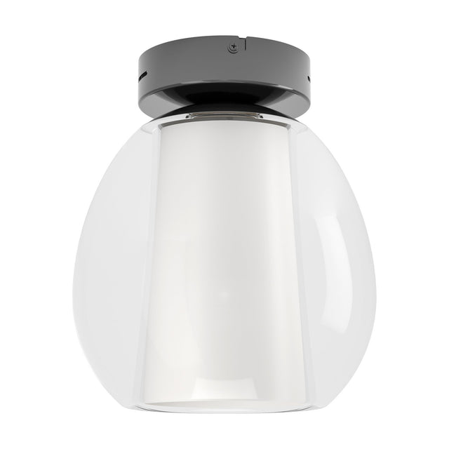 Menorca LED Ceiling Light in black nickel, a flush fitting with a round steel canopy and egg-shaped clear glass shade over a white satin glass inner cylinder, shown on a plain white background.