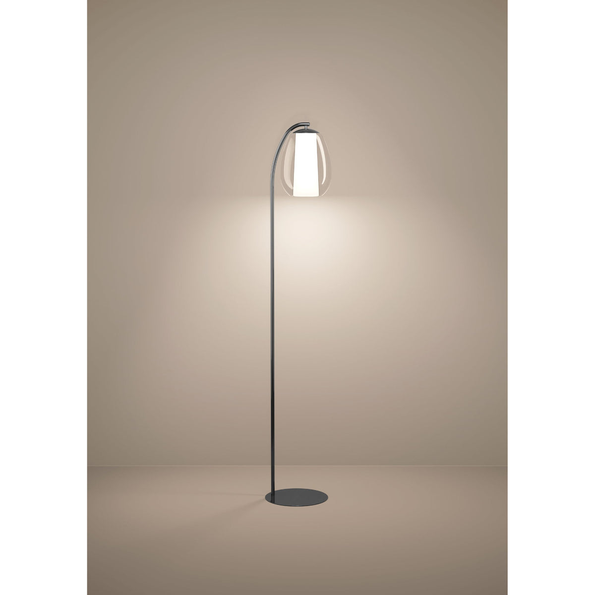 Menorca LED floor lamp in black nickel with a slim arched stem and egg-shaped shade featuring clear outer glass over a frosted white diffuser, on a round flat base.