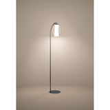 Menorca LED floor lamp in black nickel with a slim arched stem and egg-shaped shade featuring clear outer glass over a frosted white diffuser, on a round flat base.
