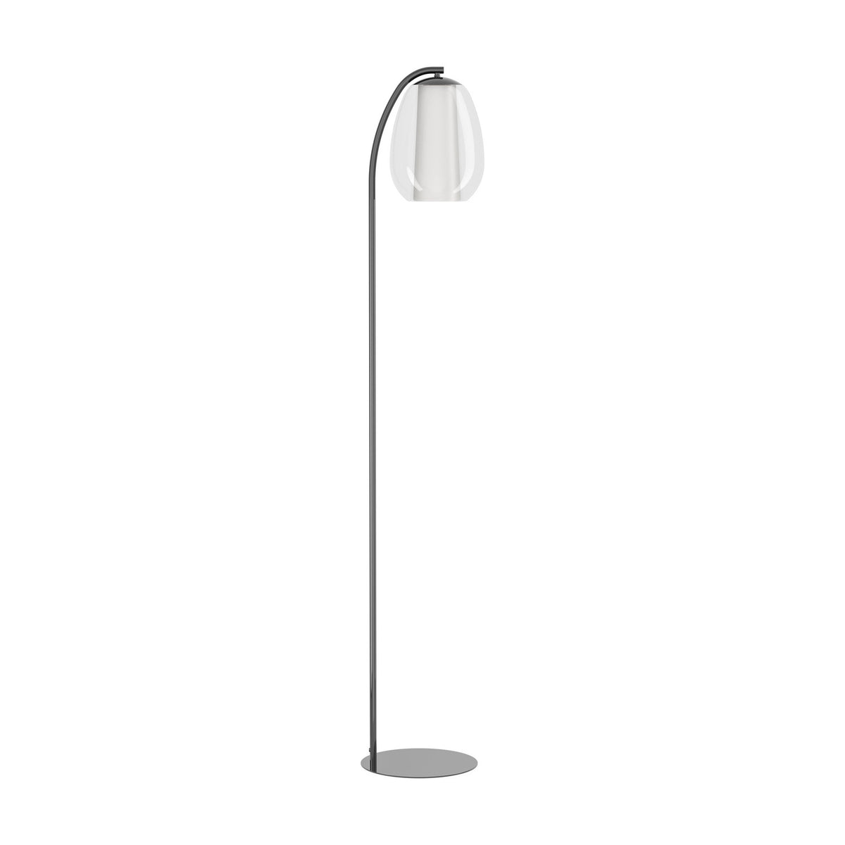 Black nickel Menorca LED floor lamp with an arched steel stem curving over an egg-shaped clear glass shade and white diffuser, on a round base.
