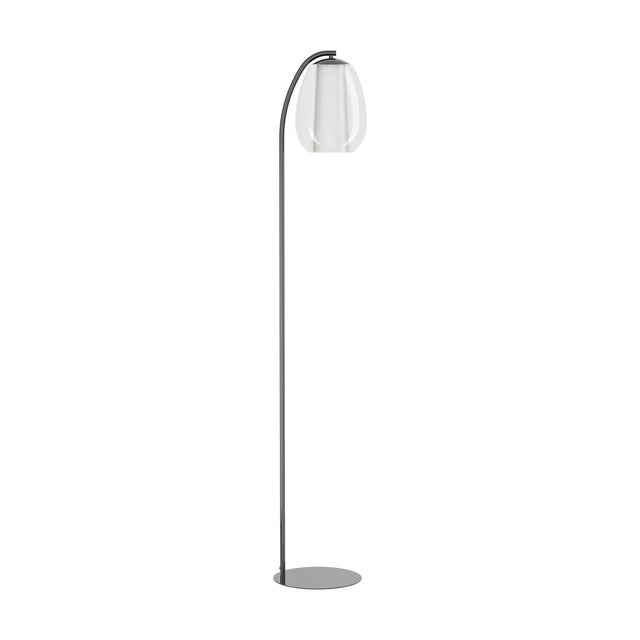 Black nickel Menorca LED floor lamp with an arched steel stem curving over an egg-shaped clear glass shade and white diffuser, on a round base.