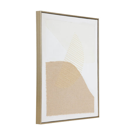 Mentakab framed abstract wall art in a wood-toned frame, shown at an angle, with a textured beige panel and two ribbed leaf shapes in cream and tan on a white ground.