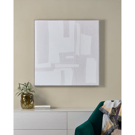 Mentakab square abstract wall art in white, cream and beige tonal blocks, framed and displayed above a sideboard in a neutral-toned room.