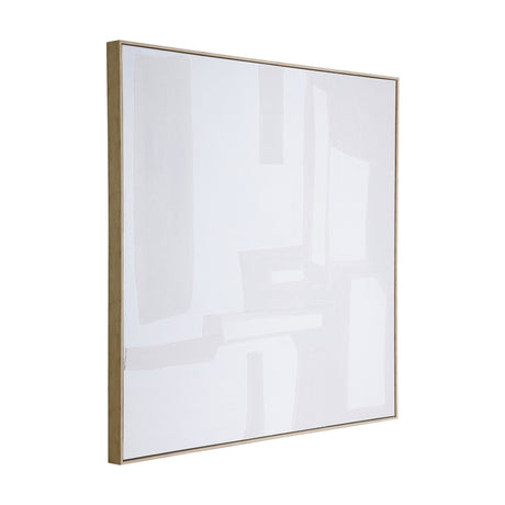 Mentakab square wall art in white, cream and beige abstract blocks, wood frame edge shown at an angle, plain white background.