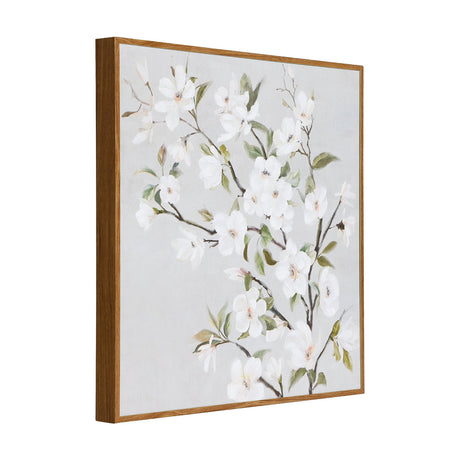 Mentakab Wall Art, a square canvas print of white blossom on branches with green leaves against a light grey ground, in a thin wood-grain brown frame, shown at an angle on a white background.