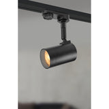 Merea Track Spotlight in black, cast aluminium cylindrical head on an adjustable stem with track adapter, mounted on a black track against a plain grey background.