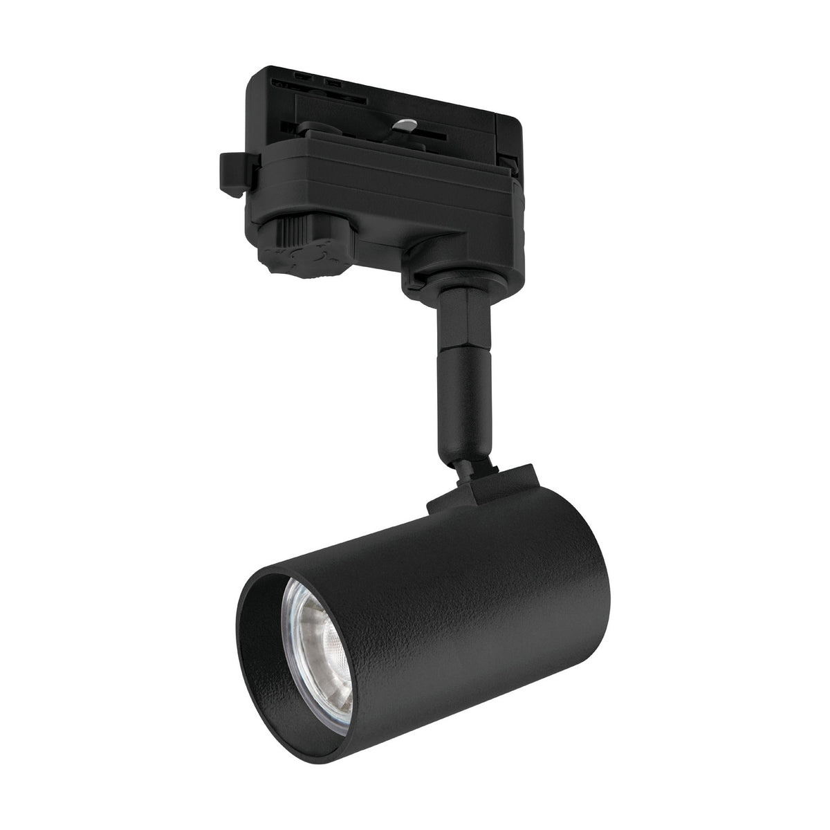 Merea Track Spotlight in black cast aluminium, showing a cylindrical GU10 head on a short angled stem beneath a track adapter, on a plain white background.