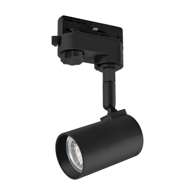Merea Track Spotlight in black cast aluminium, showing a cylindrical GU10 head on a short angled stem beneath a track adapter, on a plain white background.