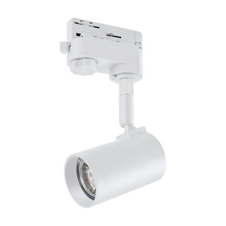 Merea Track Spotlight in white, featuring a slim cylindrical aluminium head on an adjustable arm with three-circuit track adaptor, shown on a plain white background.