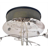 Diyas Messe semi-flush ceiling light detail showing the polished chrome plate, perforated drum, and crystal wire cluster with G4 bulbs.
