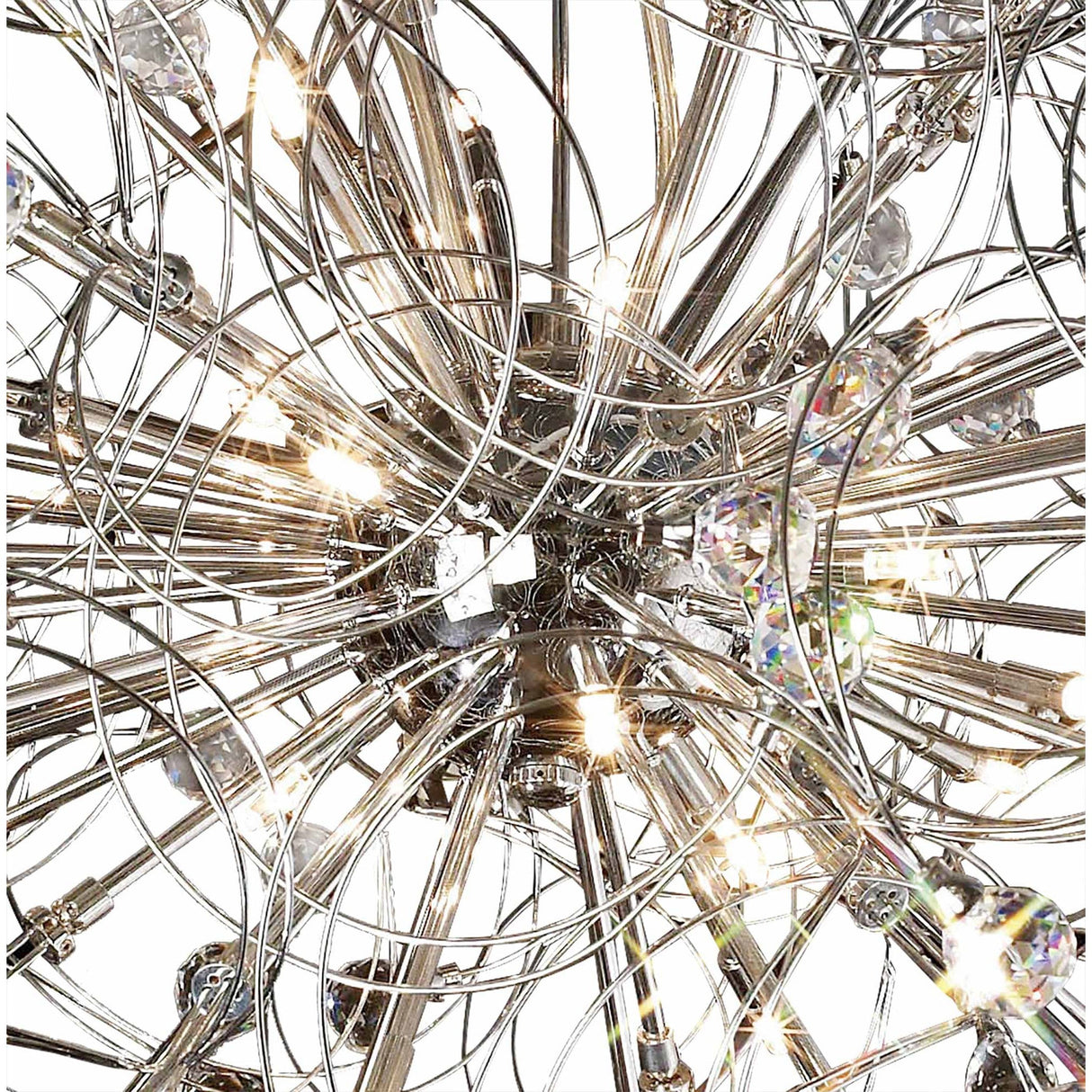 Close-up of Diyas Messe 24 Light crystal semi-flush ceiling light showing polished chrome wire curves, G4 bulbs, and faceted crystal spheres.