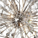 Close-up of Diyas Messe 24 Light crystal semi-flush ceiling light showing polished chrome wire curves, G4 bulbs, and faceted crystal spheres.