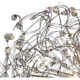 Close-up of Diyas Messe 24 light crystal semi-flush ceiling light in polished chrome, showing looped wires tipped with faceted crystal spheres.