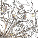 Close-up of Diyas Messe 24 light crystal semi-flush ceiling light, showing polished chrome wire curves and faceted crystal spheres against a white background.