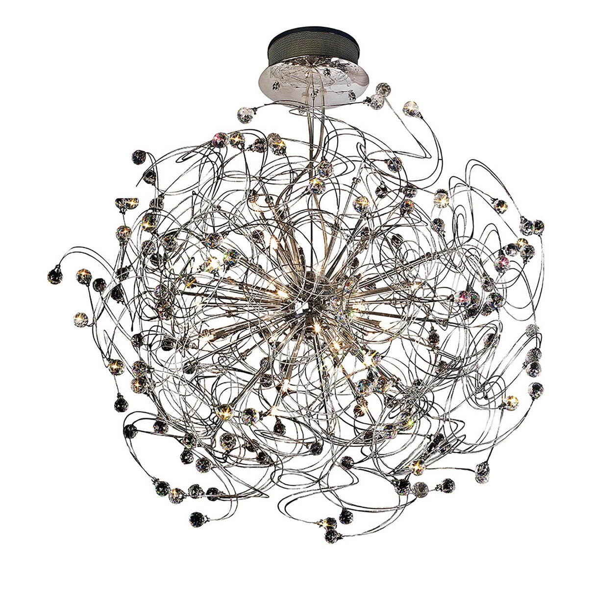 Diyas Messe 24 light crystal semi-flush ceiling light in polished chrome, with looping wire curves tipped with faceted crystal spheres, on a white background.