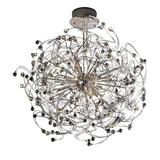 Diyas Messe 24 light crystal semi-flush ceiling light in polished chrome, with looping wire curves tipped with faceted crystal spheres, on a white background.