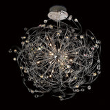 Diyas Messe 24 light crystal semi-flush ceiling light in polished chrome with looping wires and faceted crystal spheres, shown lit on black.