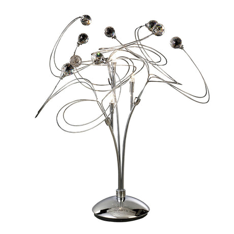 The Messe 3 Light Crystal Table Lamp features a polished chrome base with curved metal arms, each ending in a decorative glass sphere, creating an abstract swirling look ideal for contemporary spaces.