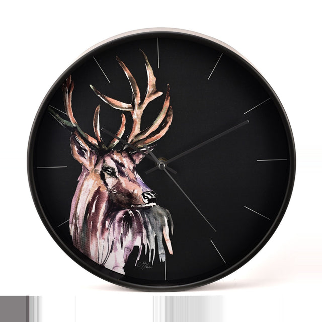 Round wall clock, 30.5cm, with black dial, slim black hands, pale baton markers, and a watercolour stag portrait in brown and mauve tones to the left, set against a plain white background.
