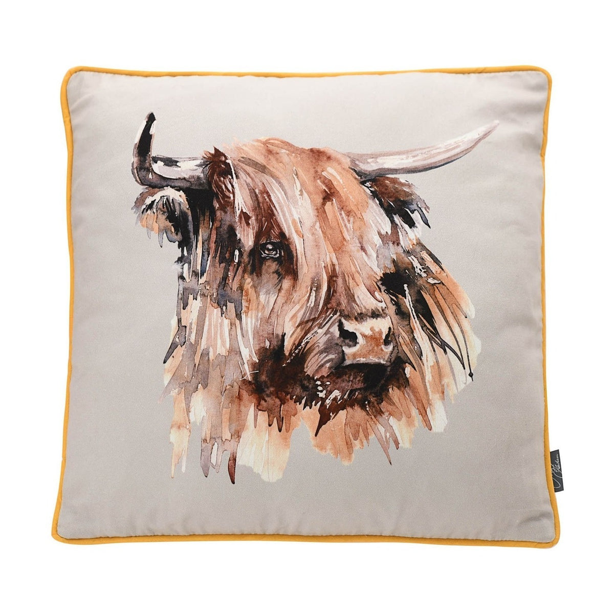 Square cushion in light grey with a watercolour highland cow design in brown, rust and cream tones, pale horns, and mustard-yellow piped edging, shown on a plain white background.