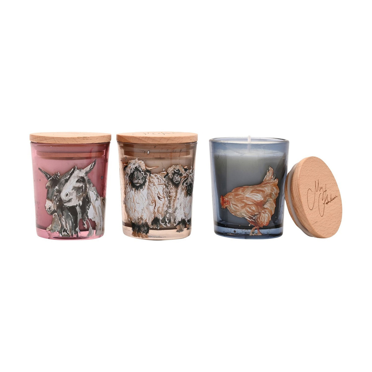 Set of 3 mini scented candles in tinted glass jars with wooden lids, hand-painted with donkeys, sheep and a hen, on a plain white background.