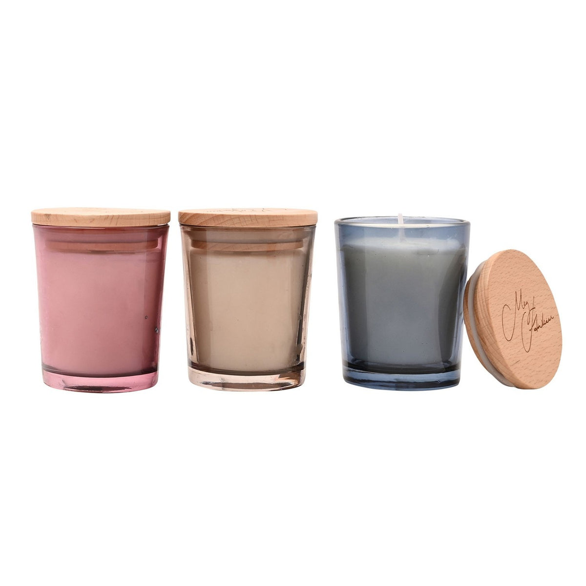 Set of 3 mini scented candles in pink, beige, and grey glass jars with wooden lids, one lid removed, on a plain white background.