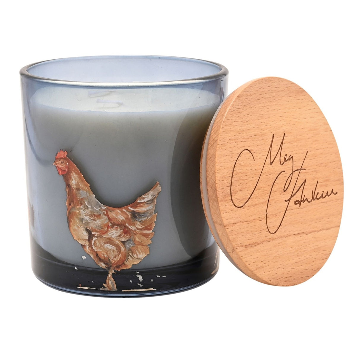 Round grey glass jar candle with hand-painted chicken design, two visible wicks, and a natural wood lid resting beside it, shown on a plain white background.