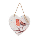 Heart-shaped slate hanging plaque, 15cm, with a watercolour-style robin on a branch, splattered pink and blue accents, jute cord and "Be Curious" wooden tag, on a white background.