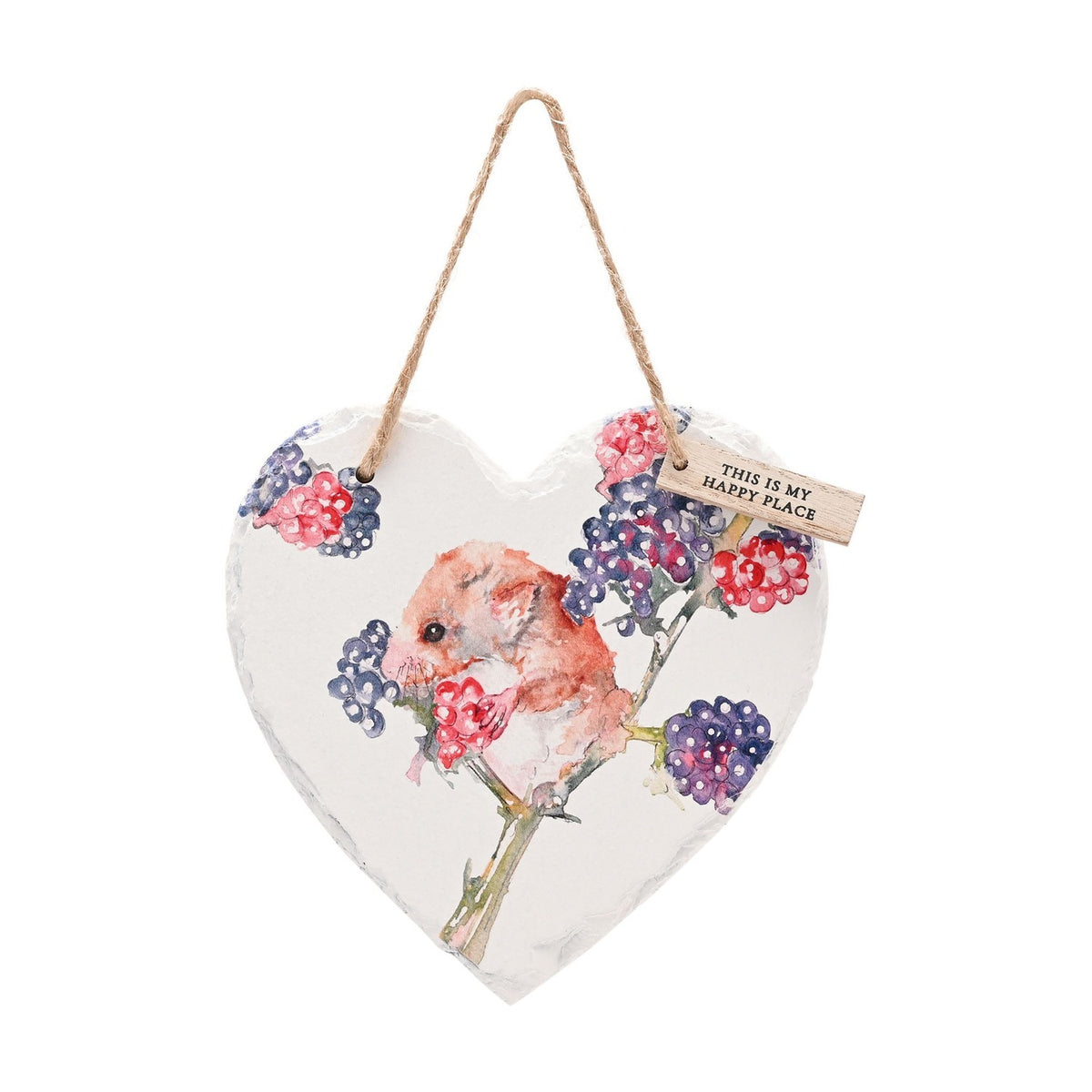 Mouse and Berry Print Hanging Heart Slate Plaque - White