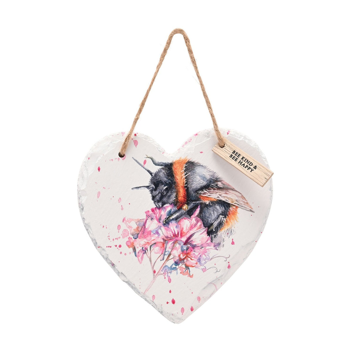 Watercolour Bee on Pink Flowers Heart Slate Hanging Plaque