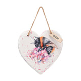 Watercolour Bee on Pink Flowers Heart Slate Hanging Plaque