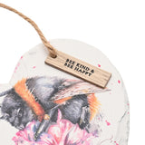Watercolour Bee on Pink Flowers Heart Slate Hanging Plaque