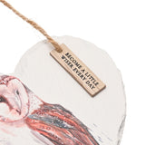 Heart-shaped slate plaque with a watercolour barn owl design, hanging from a jute cord with a wooden tag reading "Become a little wiser every day", on a white background.