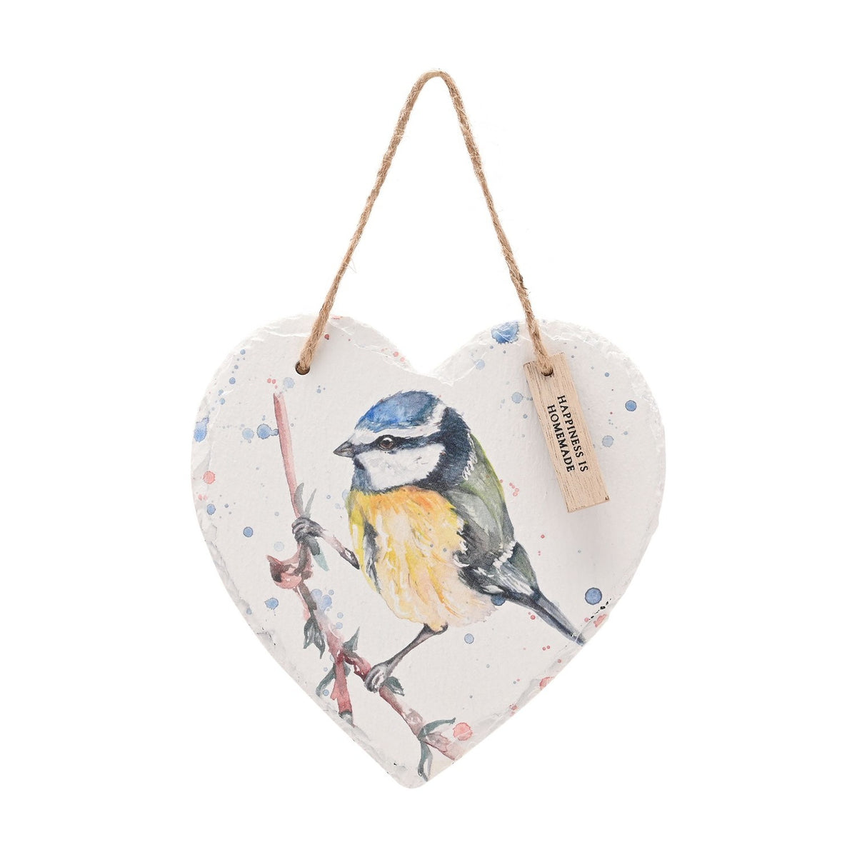 Watercolour Blue Tit Hanging Heart Slate Plaque with Tag